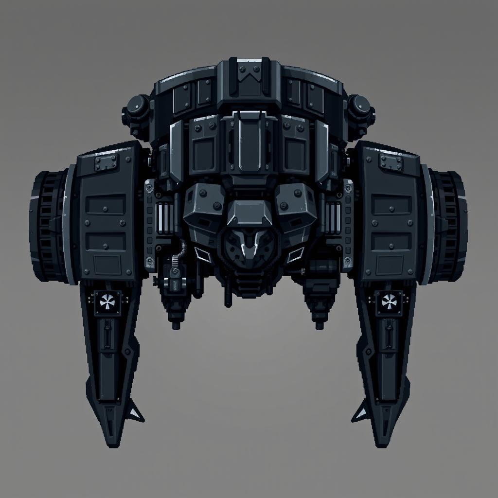 A highly detailed, top-down view of a pixel art turret designed in a dark, moody style