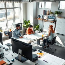 A modern engineering office environment featuring sleek desks with computers, blueprints and engineering designs spread across the tables, and a whiteboard filled with technical drawings