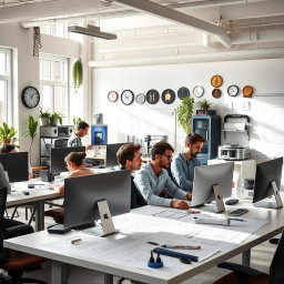 A modern engineering office environment featuring sleek desks with computers, blueprints and engineering designs spread across the tables, and a whiteboard filled with technical drawings