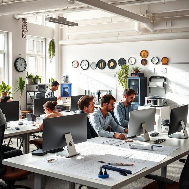 A modern engineering office environment featuring sleek desks with computers, blueprints and engineering designs spread across the tables, and a whiteboard filled with technical drawings