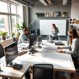 A modern engineering office environment featuring sleek desks with computers, blueprints and engineering designs spread across the tables, and a whiteboard filled with technical drawings