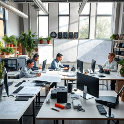 A modern engineering office environment featuring sleek desks with computers, blueprints and engineering designs spread across the tables, and a whiteboard filled with technical drawings