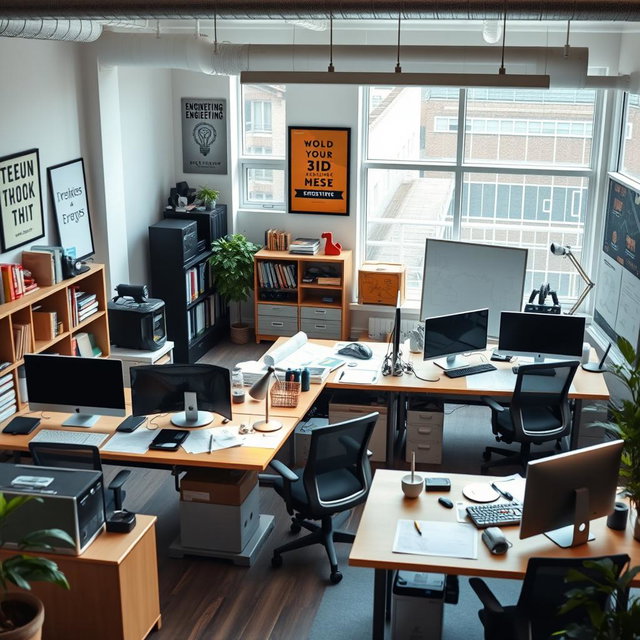An engineering office workspace designed for creativity and productivity, featuring large windows letting in natural light, modern desks with computers, blueprints and technical drawings scattered around, shelves filled with engineering books and tools, a 3D printer in the corner, and a collaborative meeting area with a whiteboard and brainstorming materials