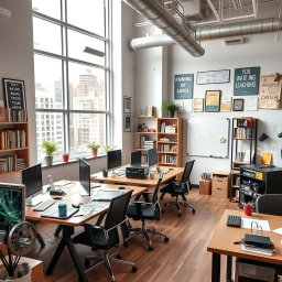 An engineering office workspace designed for creativity and productivity, featuring large windows letting in natural light, modern desks with computers, blueprints and technical drawings scattered around, shelves filled with engineering books and tools, a 3D printer in the corner, and a collaborative meeting area with a whiteboard and brainstorming materials