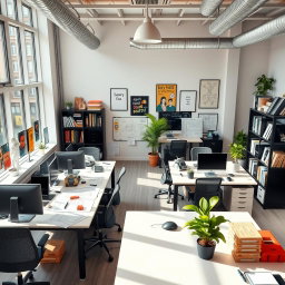 An engineering office workspace designed for creativity and productivity, featuring large windows letting in natural light, modern desks with computers, blueprints and technical drawings scattered around, shelves filled with engineering books and tools, a 3D printer in the corner, and a collaborative meeting area with a whiteboard and brainstorming materials