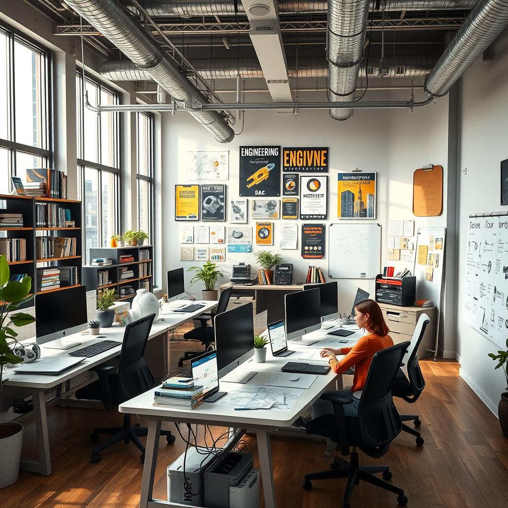 An engineering office workspace designed for creativity and productivity, featuring large windows letting in natural light, modern desks with computers, blueprints and technical drawings scattered around, shelves filled with engineering books and tools, a 3D printer in the corner, and a collaborative meeting area with a whiteboard and brainstorming materials
