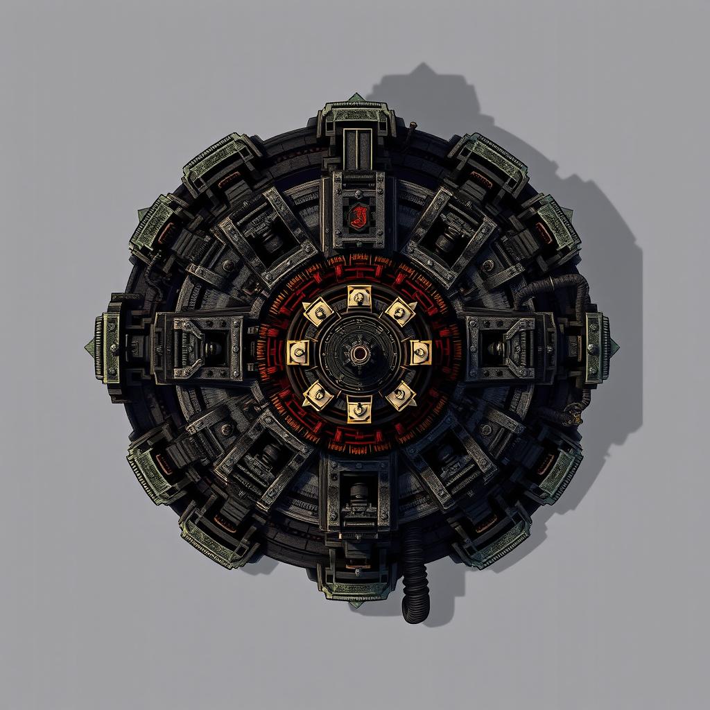 A top-down view of a detailed turret designed in a dark fantasy style, featuring intricate metal work and ominous embellishments