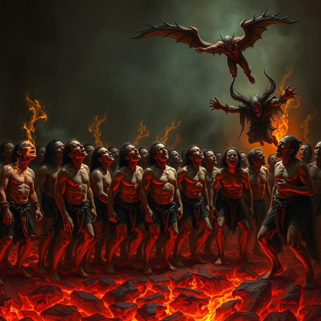A dramatic and intense scene depicting a view of hellfire and molten lava, with a line of tormented souls in Hell