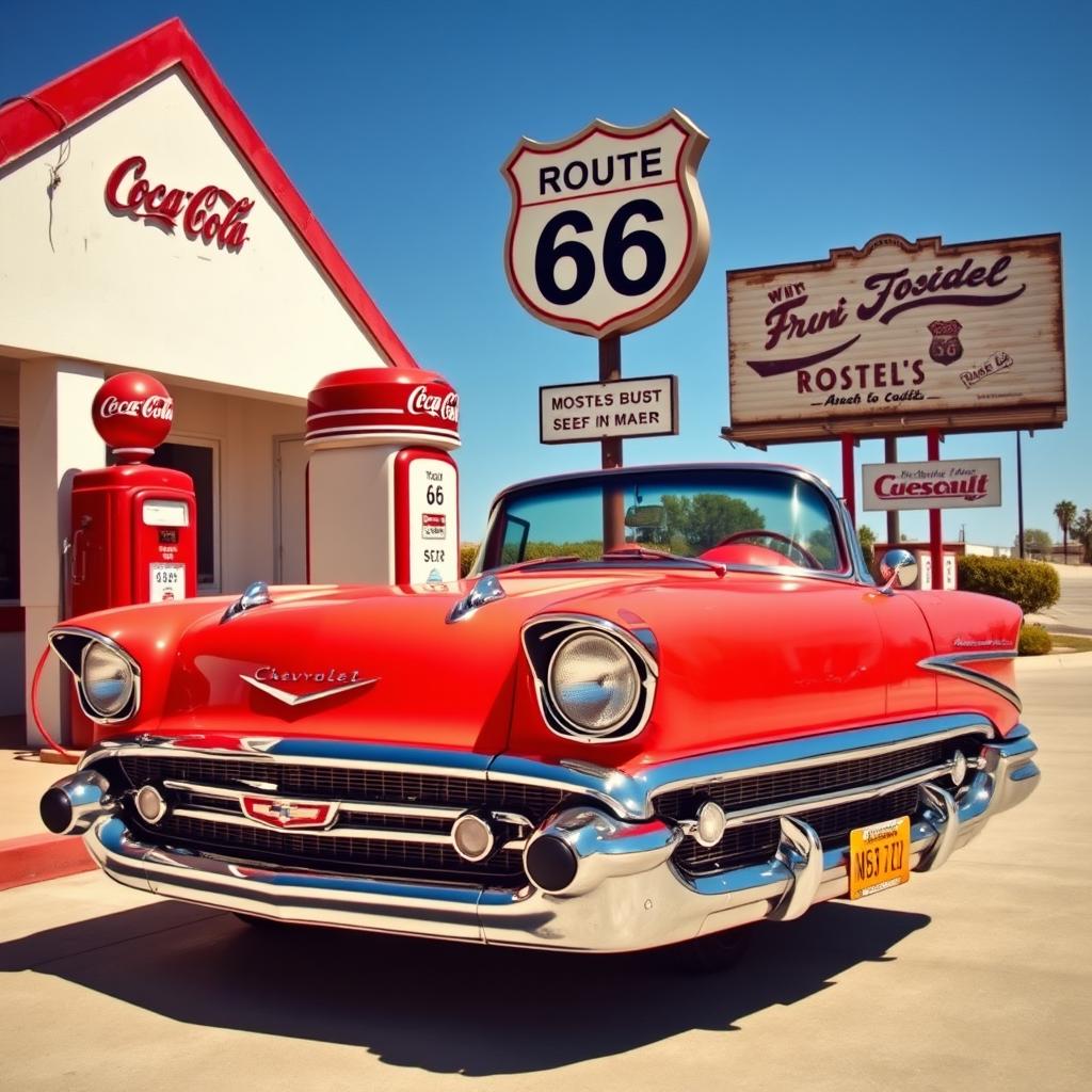 A vibrant red and white 1957 Chevrolet Bel Air parked stylishly at a classic 1950s gas station
