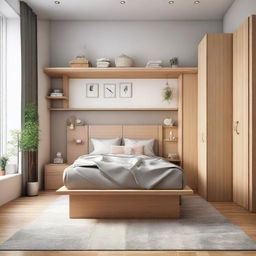 Generate an image of a small, cozy-style bedroom complete with a medium-sized bed, study table, standing fan, two cabinets, and two wardrobes.