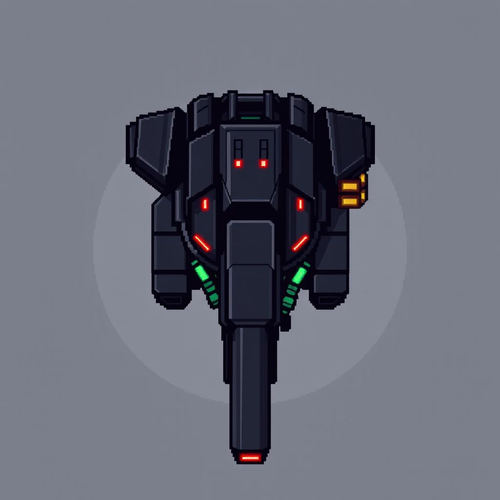 A top-down pixel art design of a turret characterized by a dark style
