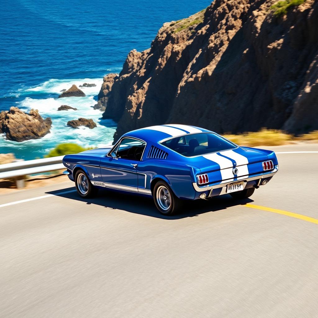 A striking blue 1965 Ford Mustang fastback with white racing stripes, driving along a picturesque coastal highway