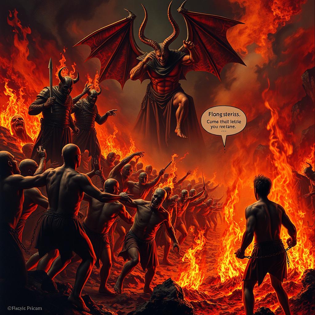 A terrifying and vivid scene depicting hellfire and molten landscapes, with tortured souls in immense agony