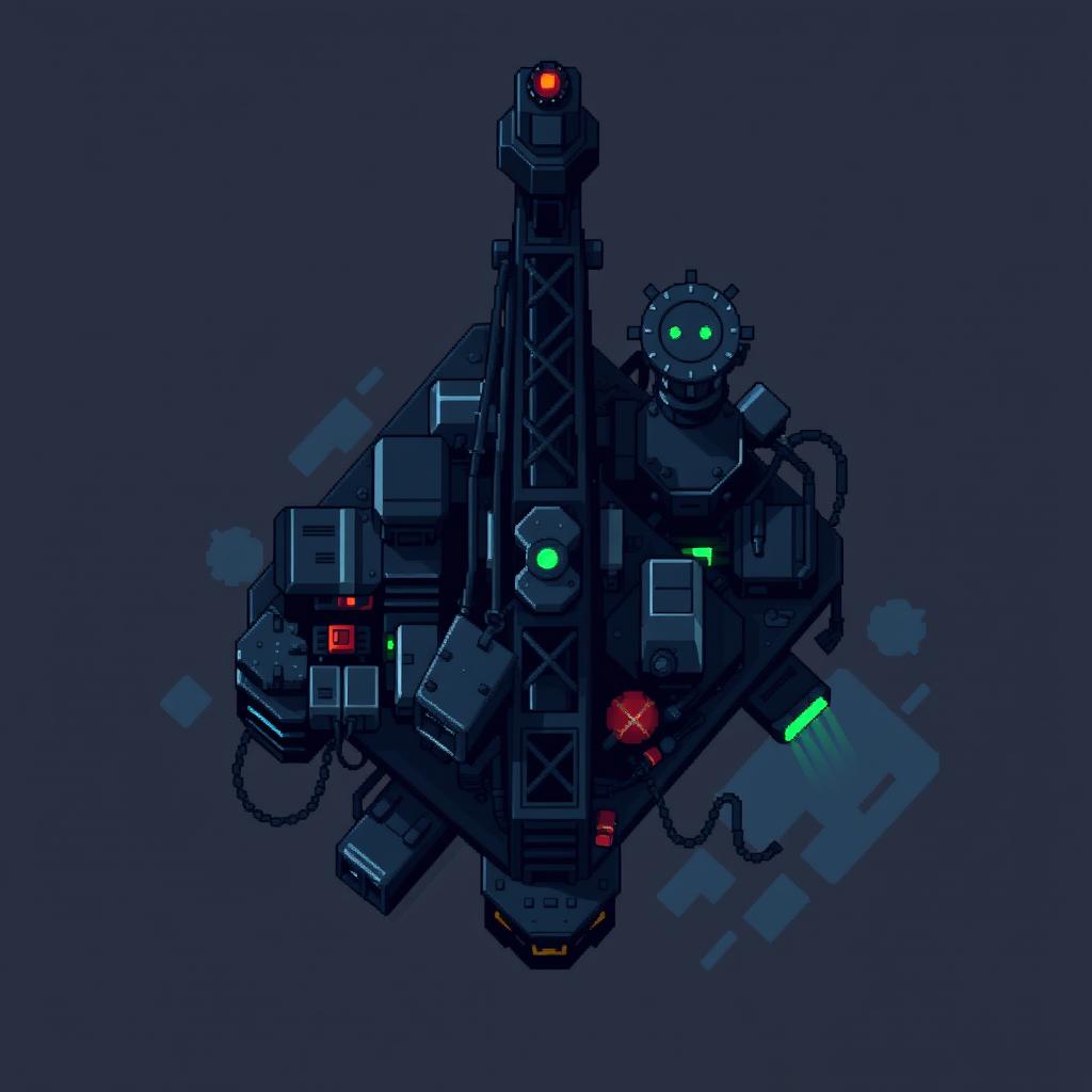 A top-down pixel art depiction of a drilling rig featuring a dark style