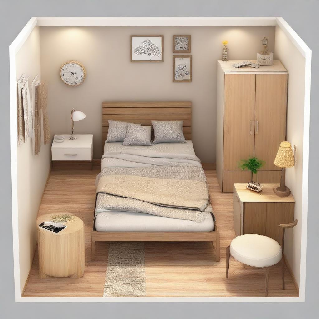 Generate an image of a small, cozy-style bedroom complete with a medium-sized bed, study table, standing fan, two cabinets, and two wardrobes.