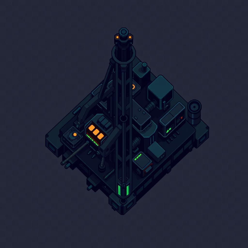 A top-down pixel art illustration of a drilling rig presented in a dark style