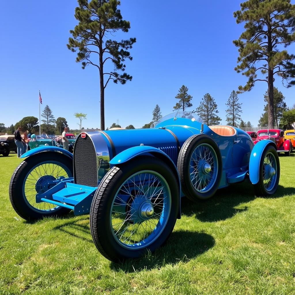 A perfectly restored 1920s Bugatti Type 35, painted in its signature French racing blue, proudly displayed on a lush grassy field at a vintage car show