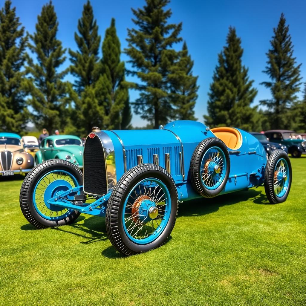 A perfectly restored 1920s Bugatti Type 35, adorned in its signature French racing blue, elegantly displayed on a vibrant grassy field at a vintage car show