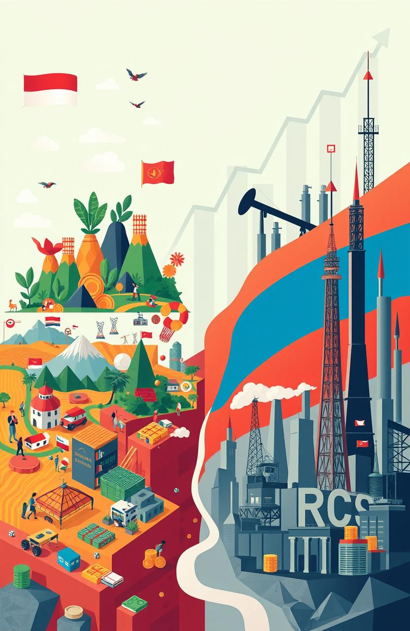 A conceptual illustration depicting the economic competition between Indonesia and Russia, showcasing contrasting themes of inflation, trade, and political landscapes