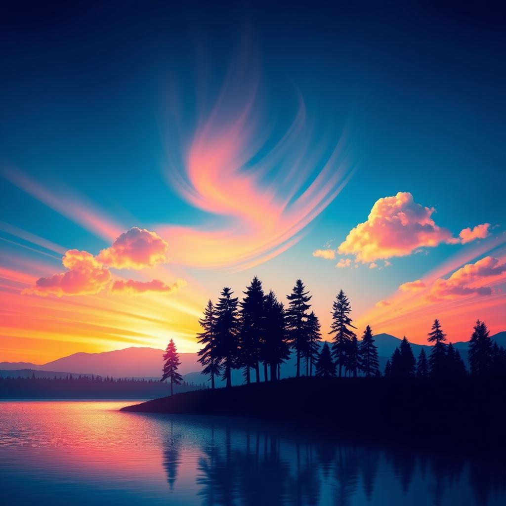 A vibrant, artistic scene featuring a dynamic composition with a rich blue background