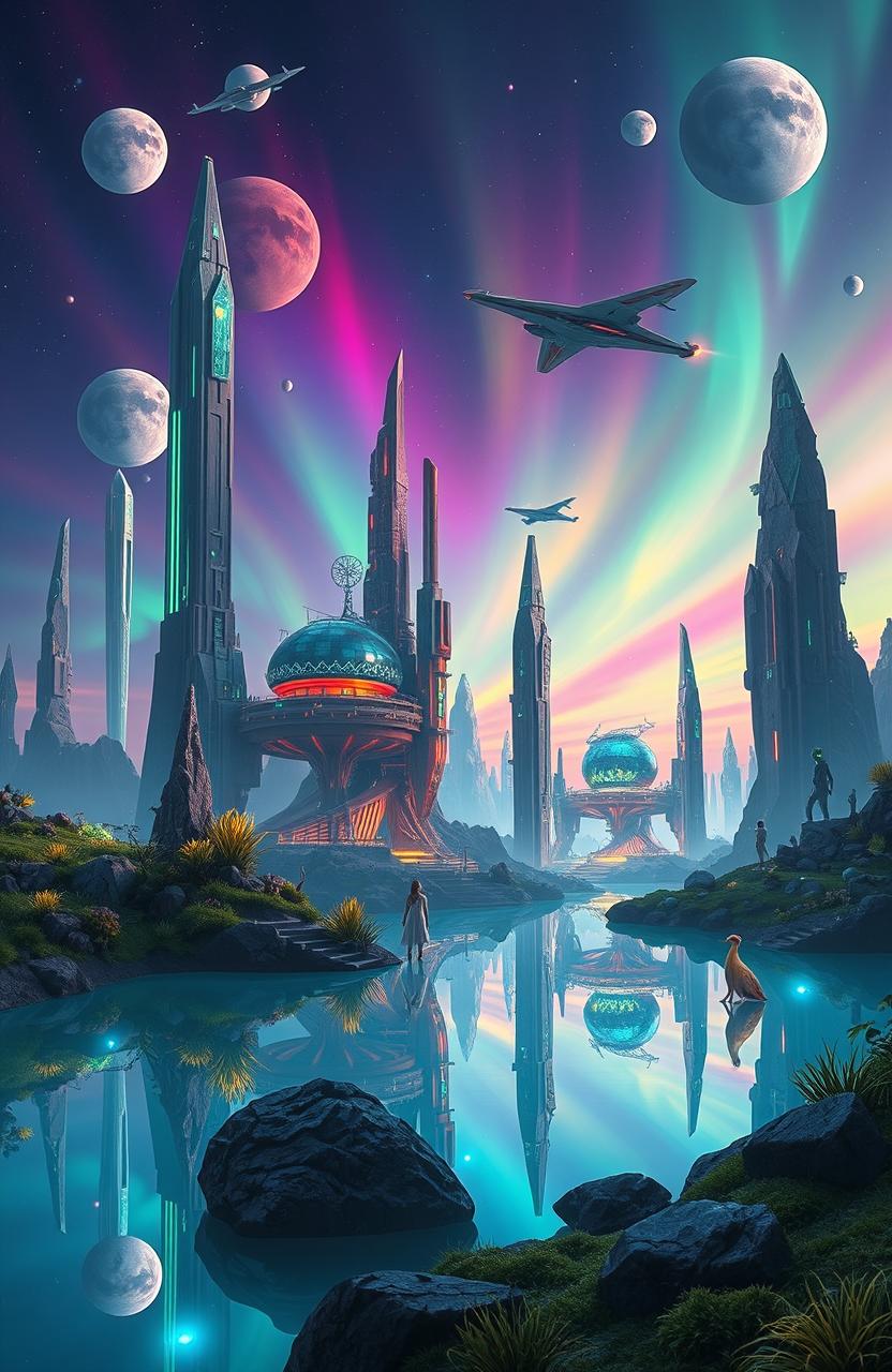 A breathtaking futuristic fantasy planet, showcasing towering crystalline structures and a vibrant skyline