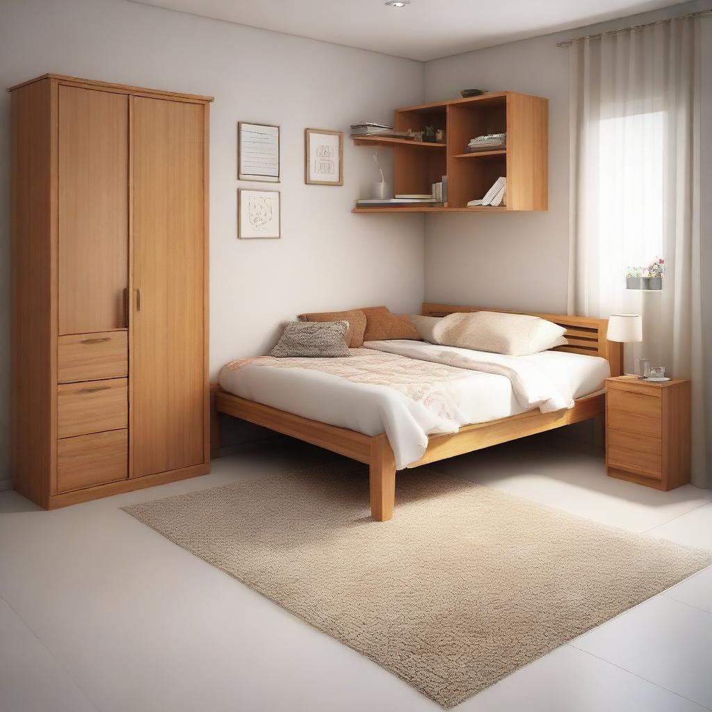 Generate an image of a small, cozy-style bedroom complete with a medium-sized bed, study table, standing fan, two cabinets, and two wardrobes.