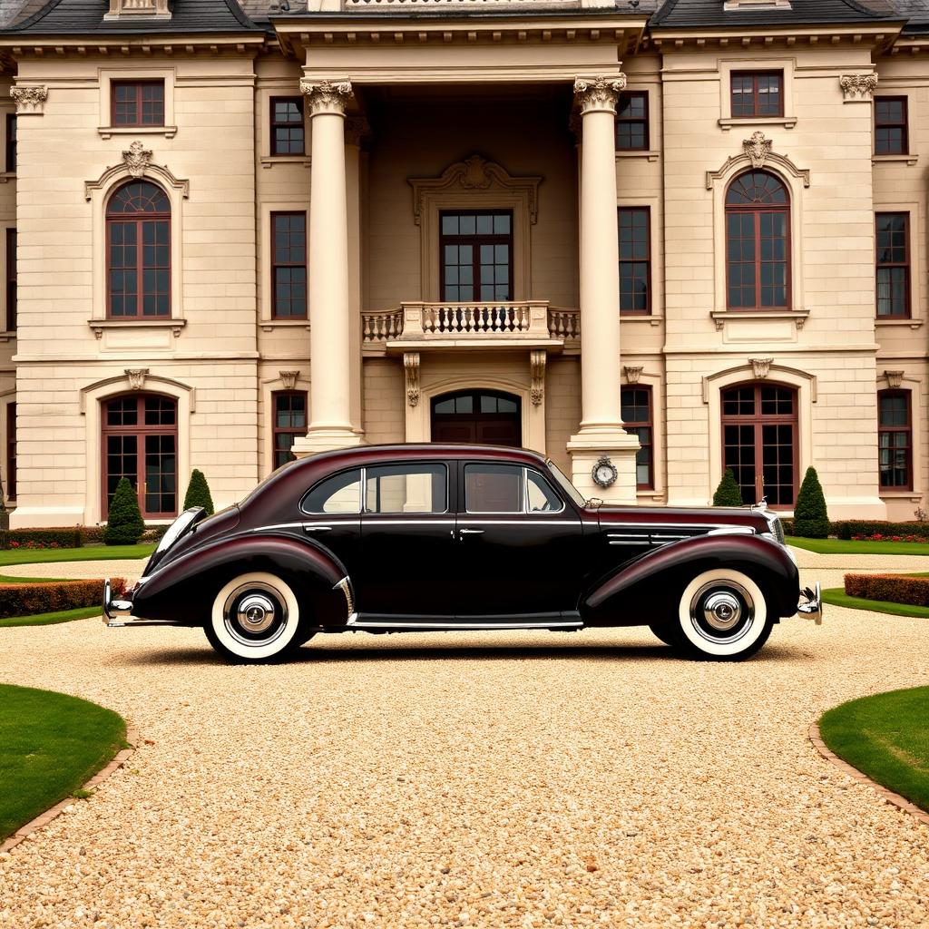 A deep burgundy 1940s Mercedes-Benz 540K elegantly parked in front of a grand European-style mansion, boasting a long, winding gravel driveway