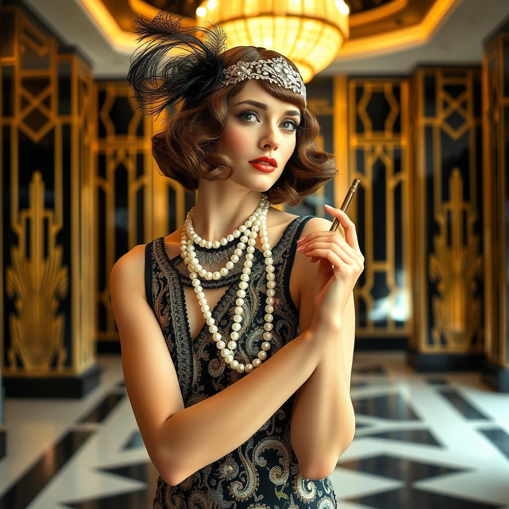 A stylish 1920s woman adorned in a dazzling beaded flapper dress featuring intricate patterns, complemented by a feathered headband and long, elegant pearl necklaces