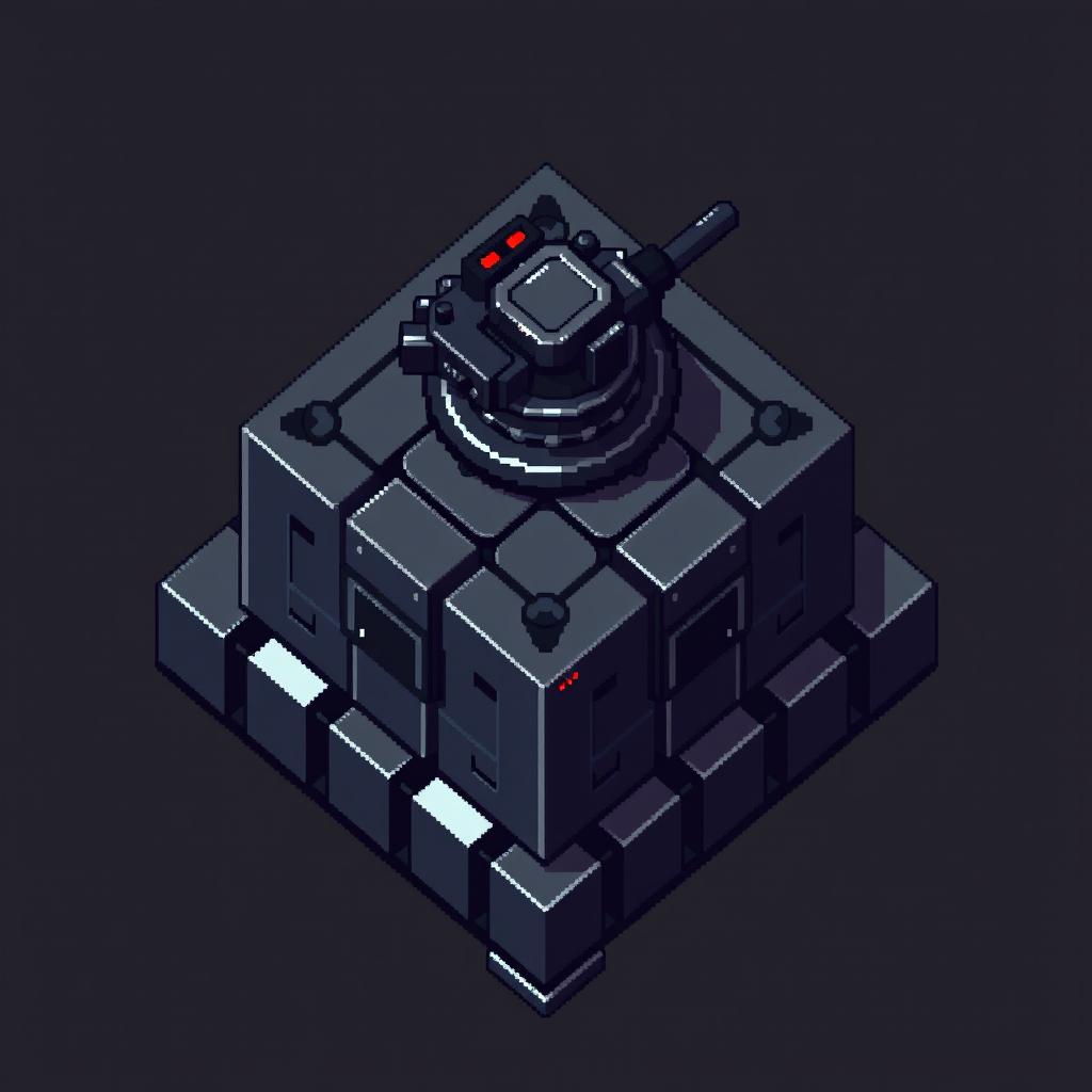 A top-down pixel art depiction of a turret featuring a square block base and a machine gun mounted on top