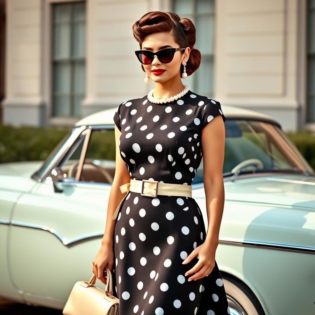 A sophisticated 1950s woman dressed in a knee-length polka dot dress cinched at the waist with a coordinating matching belt