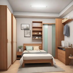 Generate an image of a small, cozy-style bedroom complete with a medium-sized bed, study table, standing fan, two cabinets, and two wardrobes.