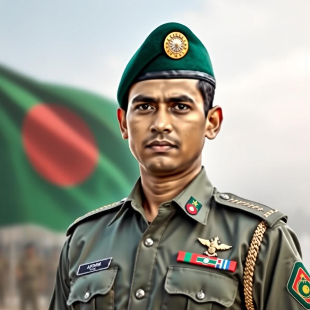 A portrait of a Bangladeshi army officer in full military uniform, standing proudly with a serious expression