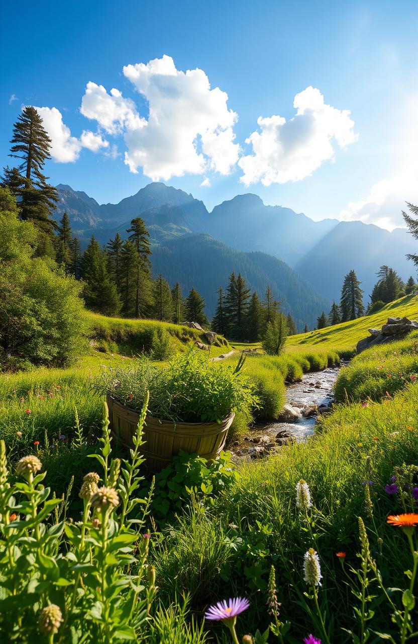 A serene mountain landscape featuring vibrant greenery, wild herbs growing naturally in the foreground, and majestic peaks in the background