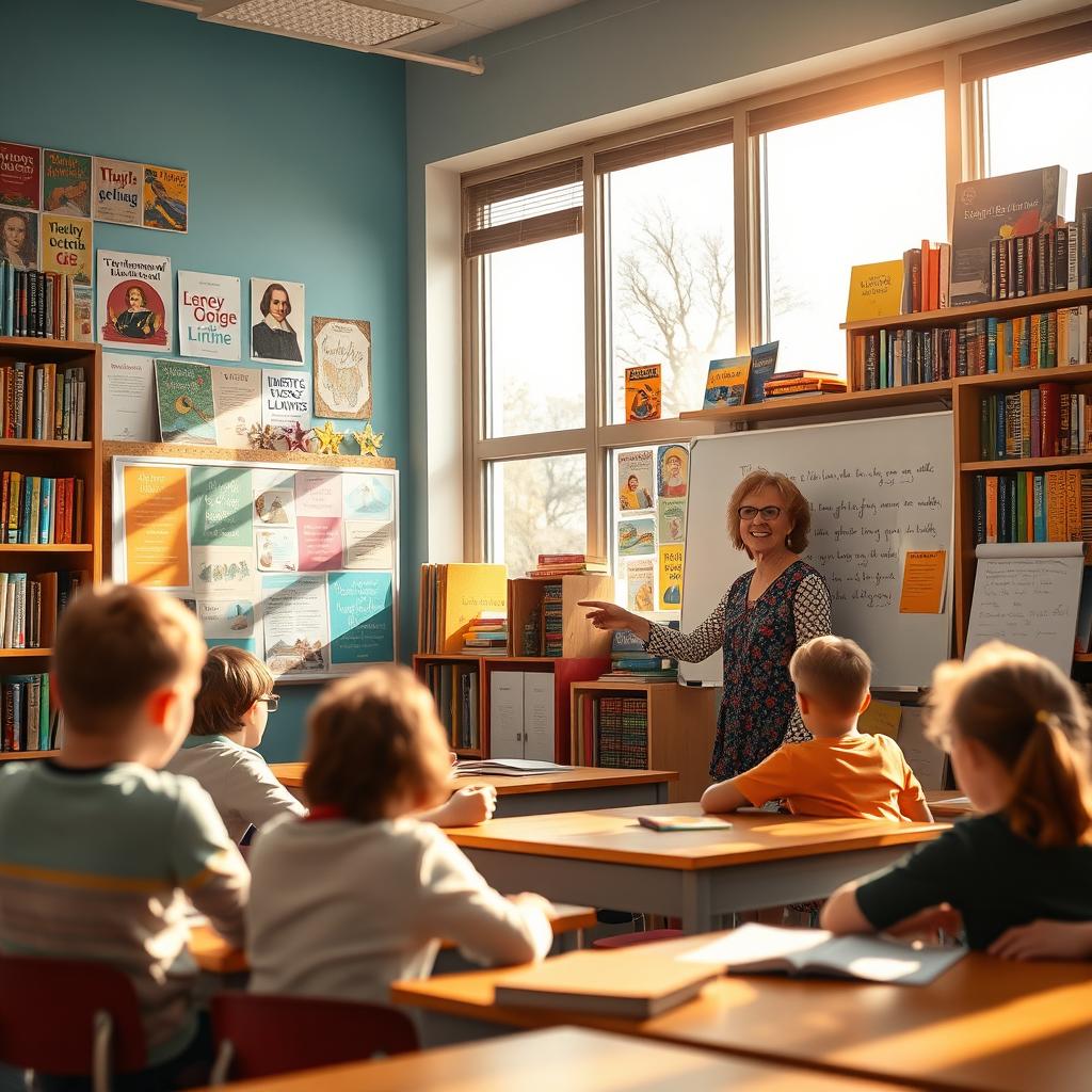 A captivating scene of an English teacher in a vibrant classroom filled with colorful educational posters, bookshelves overflowing with classic literature, and students actively engaging in a lesson
