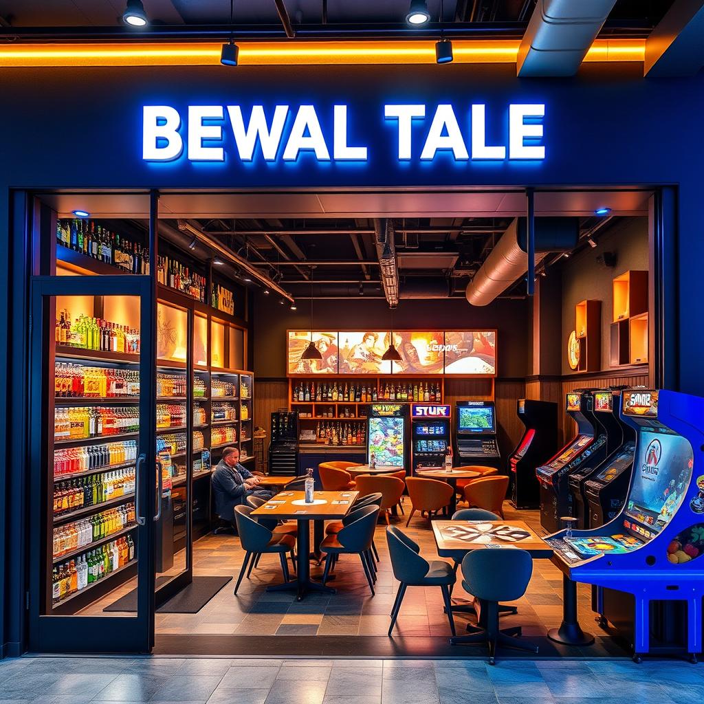 A well-designed beverage store combined with a game area, featuring a stylish layout with shelves stocked with an array of alcoholic and non-alcoholic drinks