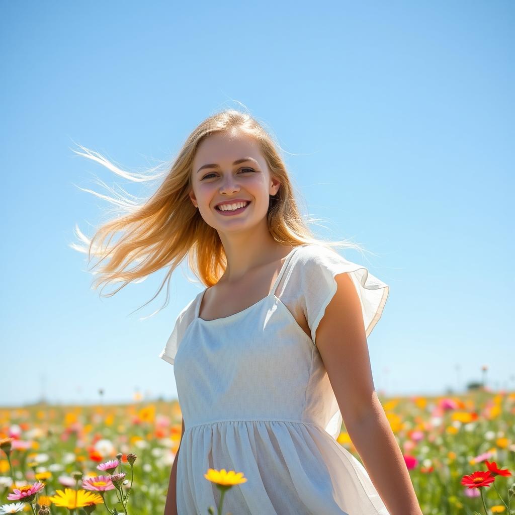 A beautiful young woman with flowing golden blonde hair, standing in a vibrant field of wildflowers under a clear blue sky