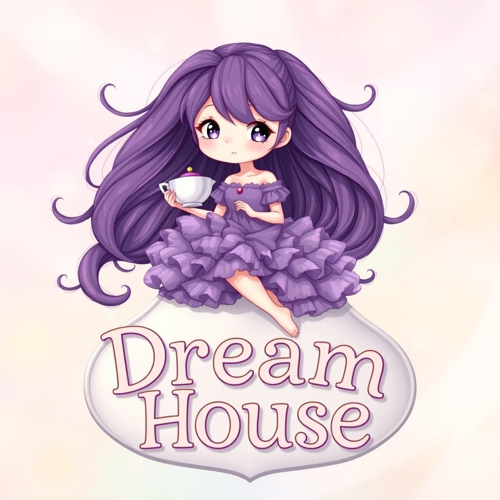 A dreamy and whimsical illustration of a girl with very long purple hair, sitting gracefully on the logo of 'Dream House'