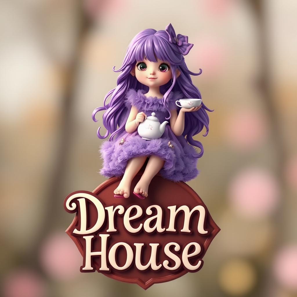 A girl with very long purple hair sitting on the Dream House logo