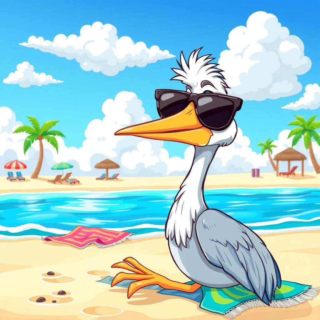 A cartoonish heron relaxing on the beach, wearing stylish sunglasses and soaking up the sun