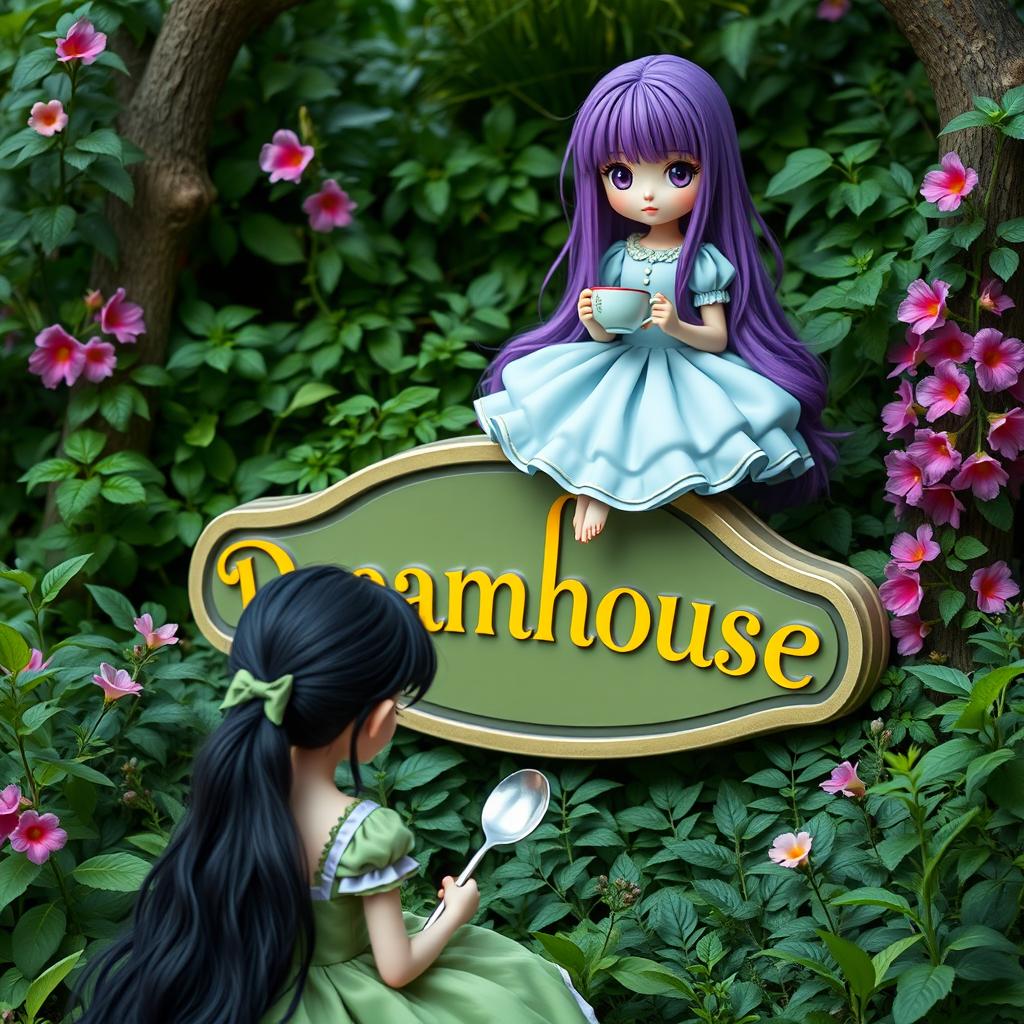 A scene featuring a girl with long, very long purple hair sitting on the Dreamhouse logo