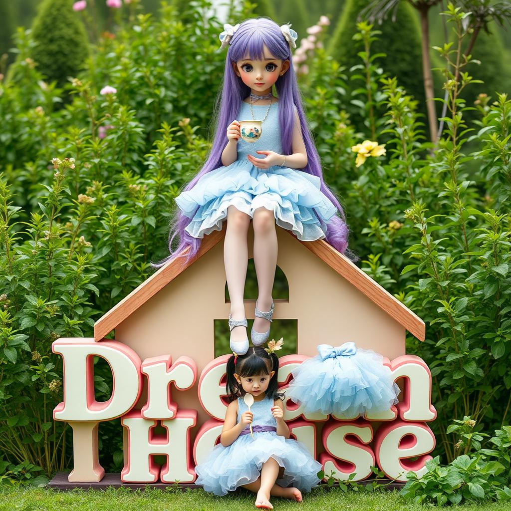A tall girl with very long purple hair sitting on the Dream House logo, holding a teacup and teapot