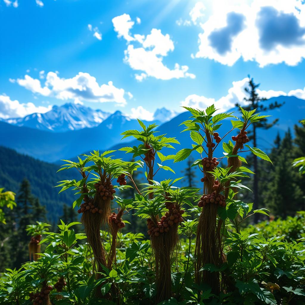 A vibrant and lush mountain scene featuring ginseng plants thriving in their natural habitat