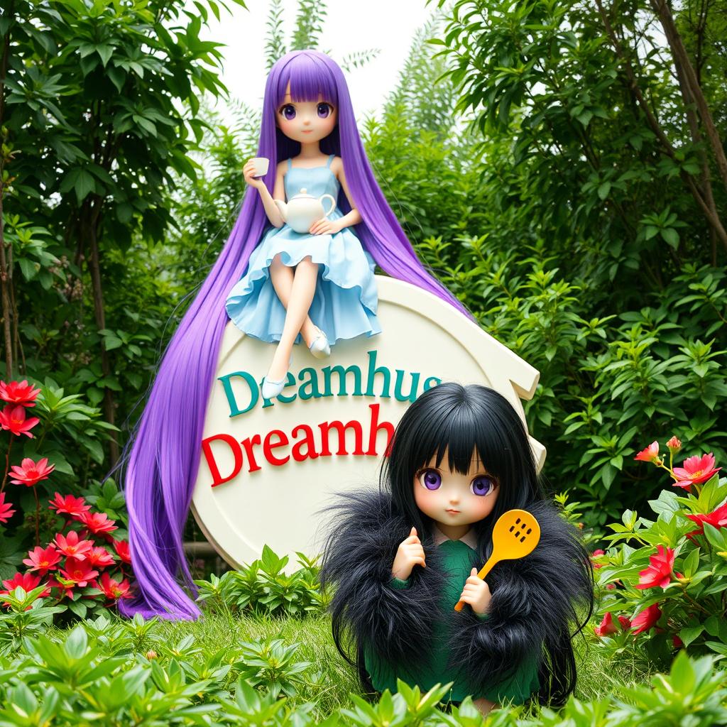 A vibrant scene featuring two tall girls with long, striking hair