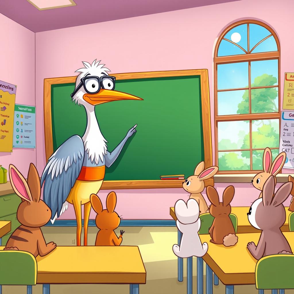A whimsical cartoon of a heron standing at a chalkboard in a colorful classroom, wearing glasses and a teacher's outfit