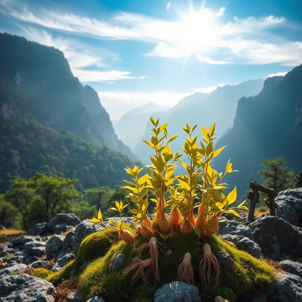 A scenic view of a mystical mountain landscape featuring rare and valued ginseng plants in their natural habitat