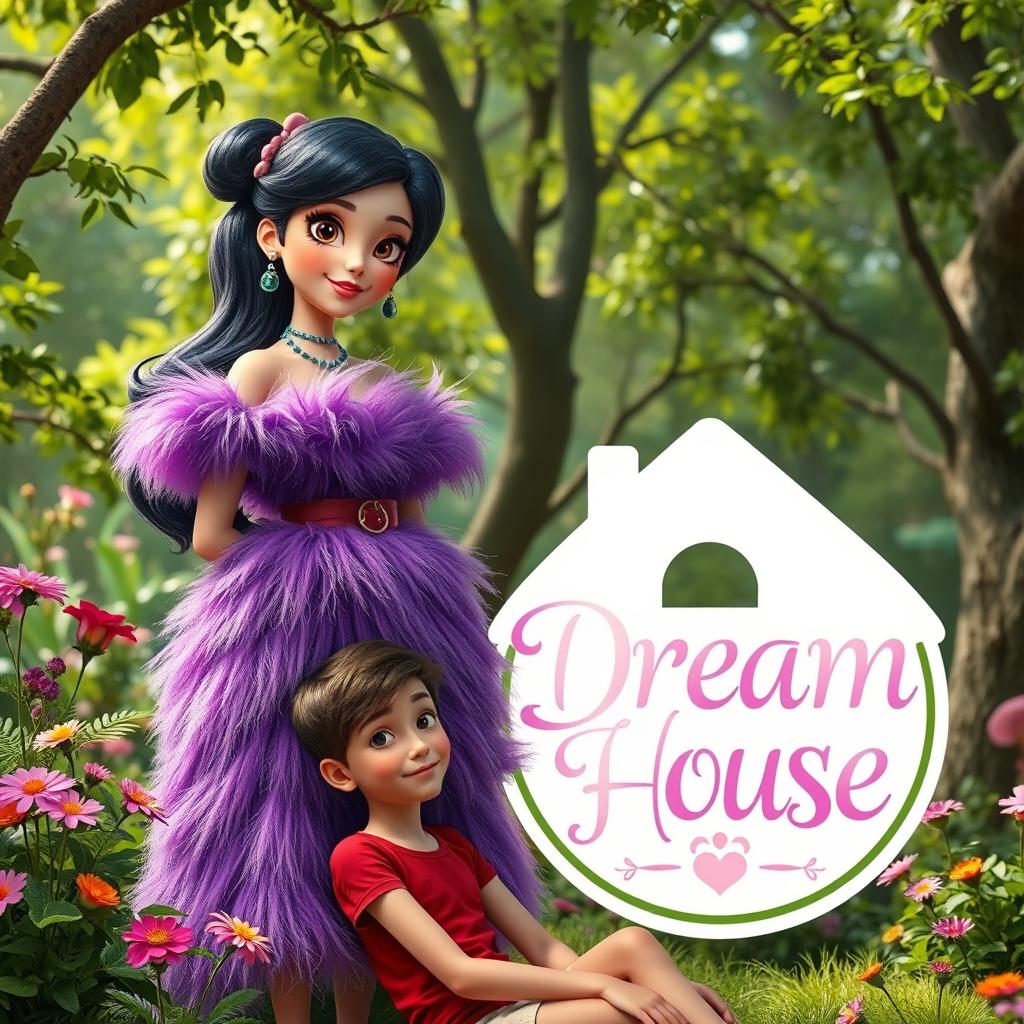 A scene featuring Marinette Dupain-Cheng in a lush green environment, wearing a fluffy purple dress that reflects a chic and playful style