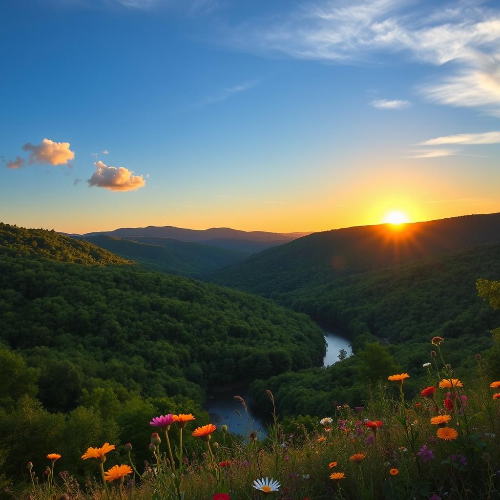 A breathtaking view of the Tennessee mountains, showcasing the lush, rolling hills covered in vibrant green trees during the peak of summer