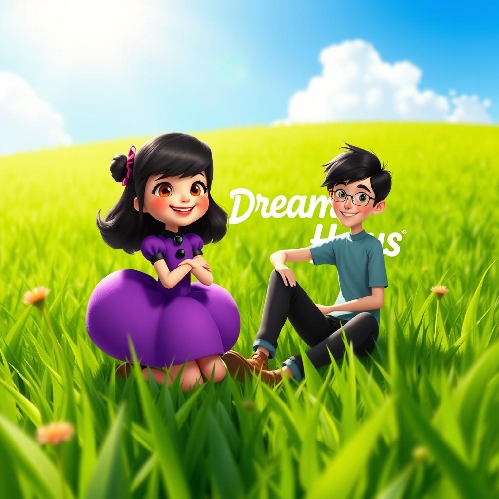 A vibrant green field with bright sunlight and blue skies