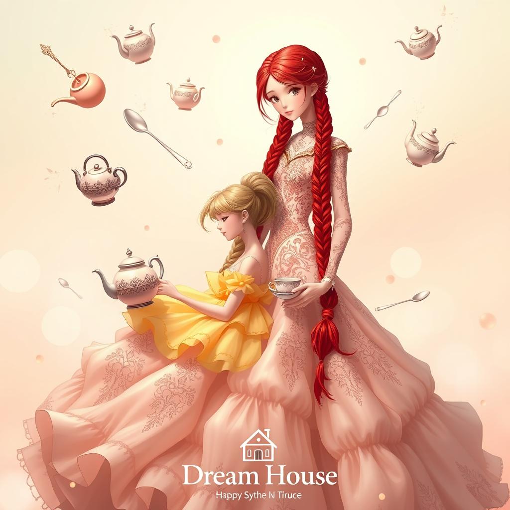 A stunning scene featuring a tall girl with long red hair styled in intricate braids, elegantly holding a teapot in one hand and a cup in the other