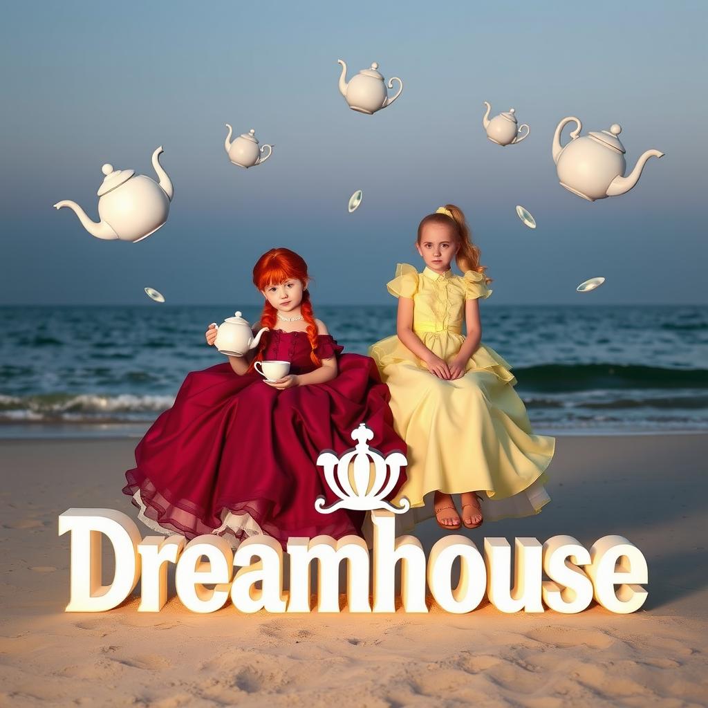 A whimsical scene featuring two girls on a beach